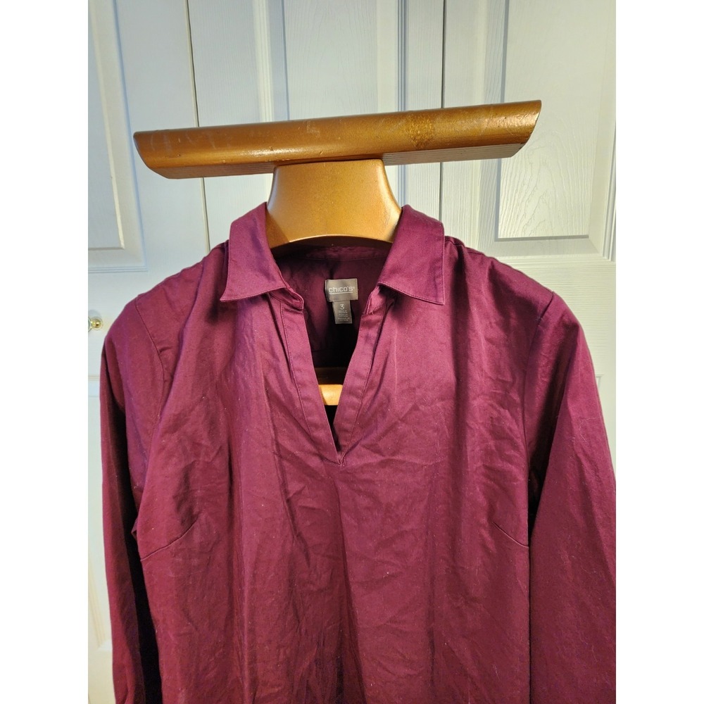 Chico's Maroon Collared V-Neck Long Sleeve Pullover Button Accents Blouses Sz 3